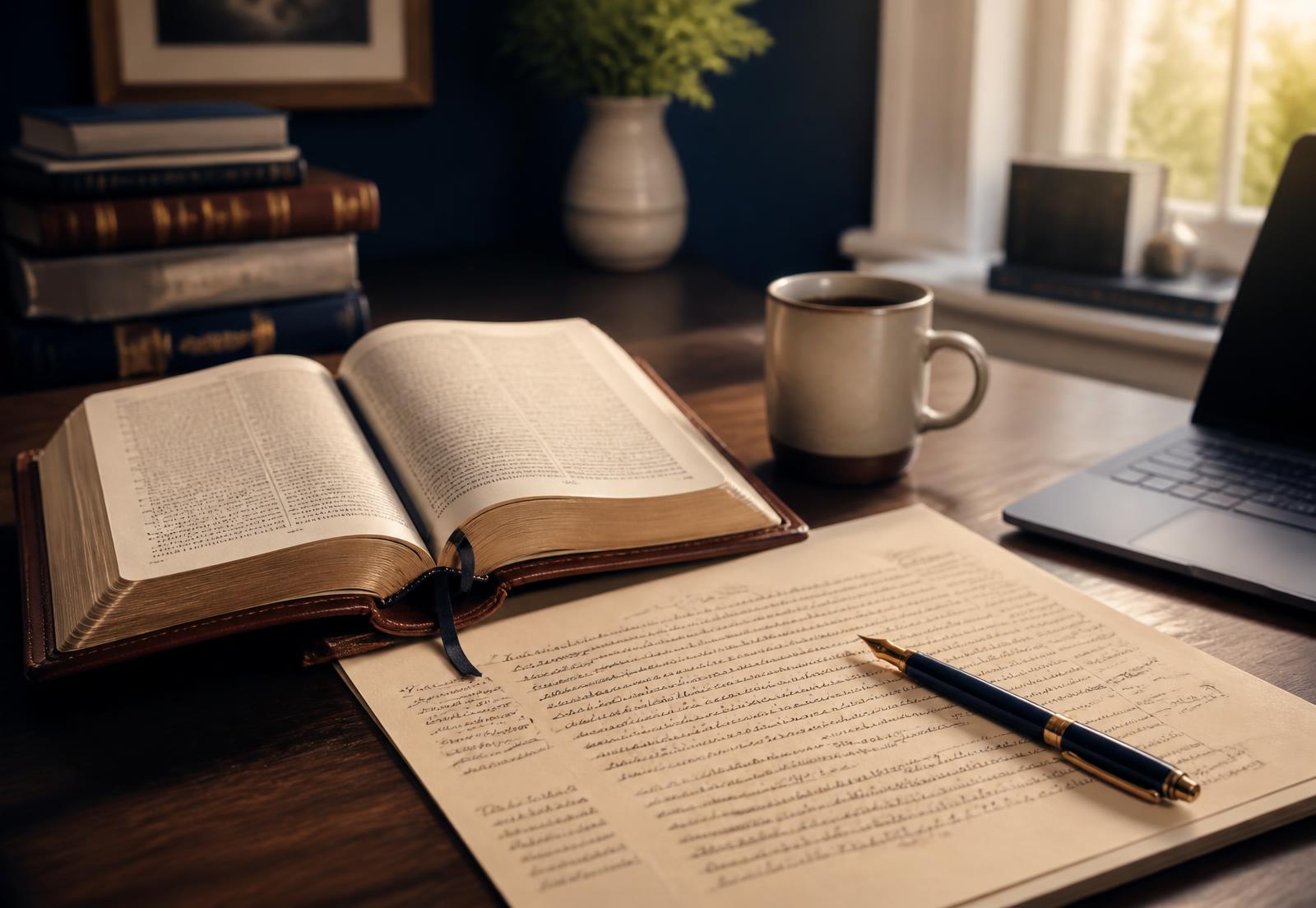 An open Bible, a handwritten sermon manuscript and a fountain pen on a pastor's desk